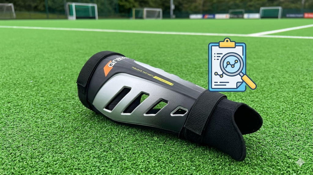 Unas espinilleras Grays G800 sobre el césped de un campo de hockey hierba